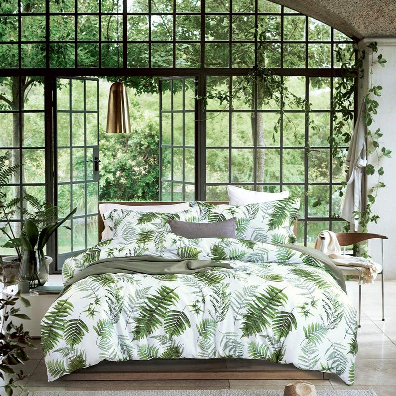 MILDLY 100% Long-Staple Cotton Duvet Cover Set Green Palm Leaf Pattern Printed Comforter Cover 3pcs, Ultra Soft & Breathable Bedding Set - Image 1
